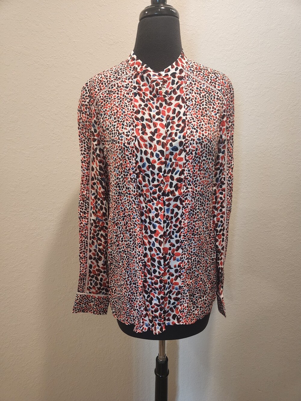 Reiss Red, Black and White Leopard-Print Long Sleeve Blouse